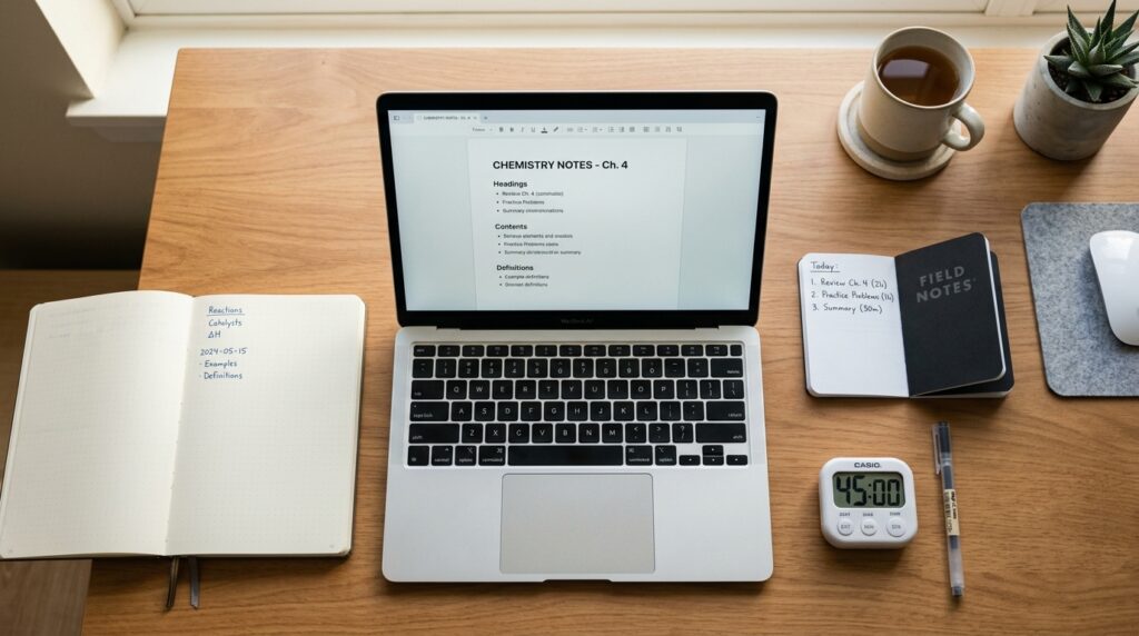 Overhead view of a notebook and simple study log on a tidy desk as part of a digital study room routine