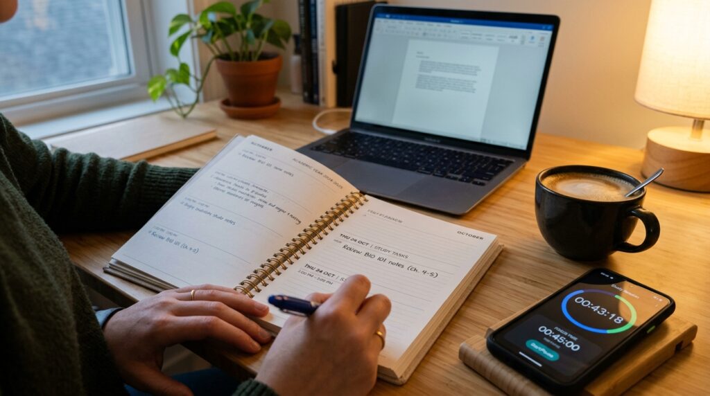 Close-up of a planner and smartphone study timer as someone writes a 15-minute study task