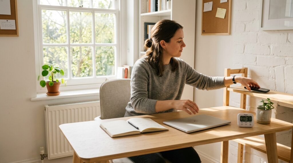 A young adult clearing their desk and moving their phone away to prepare a simple 15-minute focus routine with a study timer.