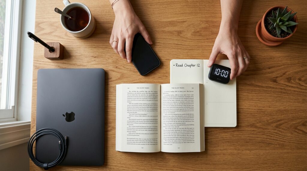 A tidy study desk where a person moves their phone aside and places a 10-minute study timer next to an open book and simple planner for a 15-minute focus routine.