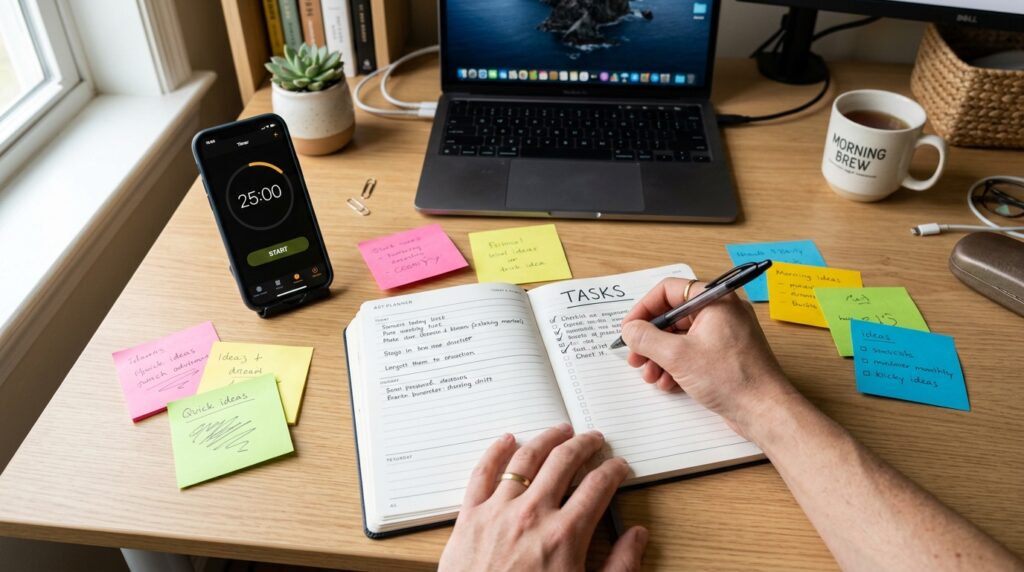 Top view of a study desk where someone opens a planner to brain dump tasks before starting a 15-minute focus block