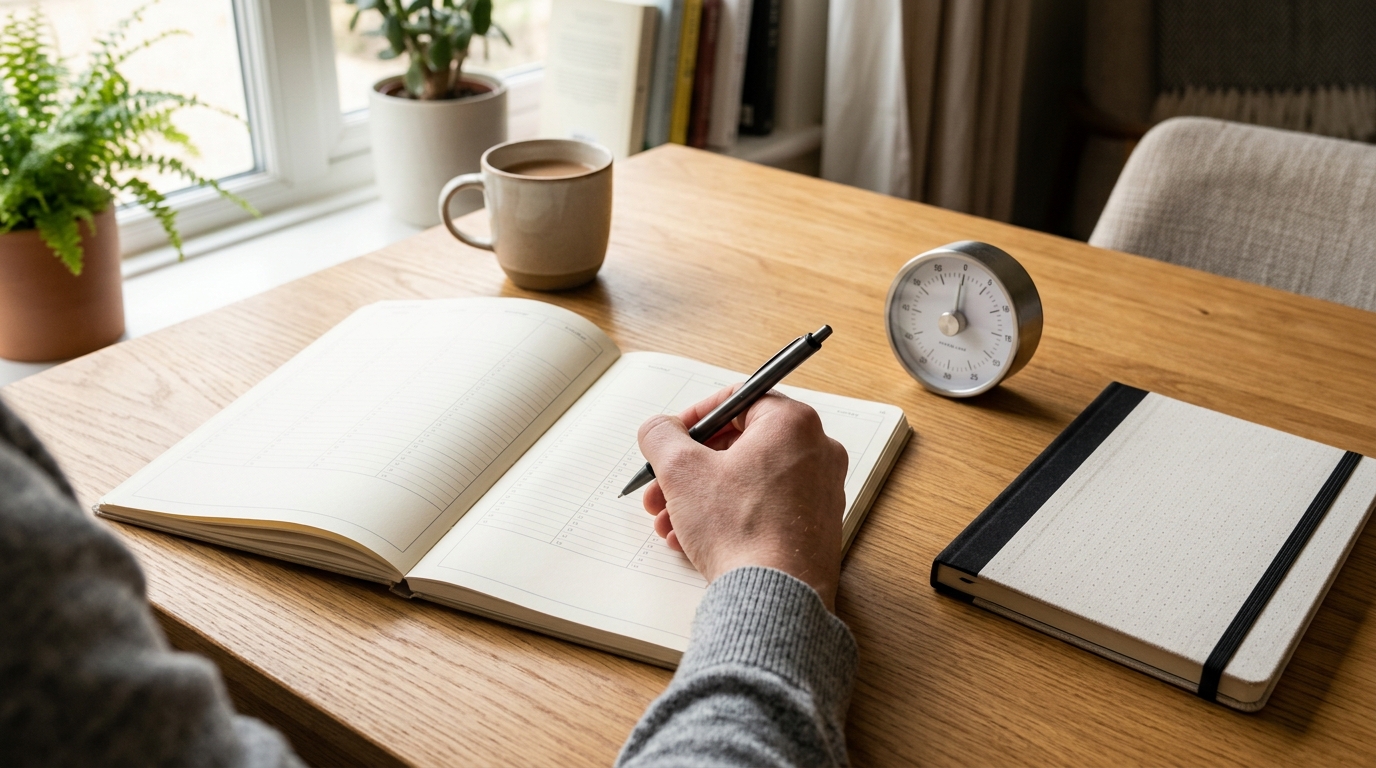 A weekend study desk with a weekly planner, notebook, pen, and study timer laid out for a 15-minute focus routine.