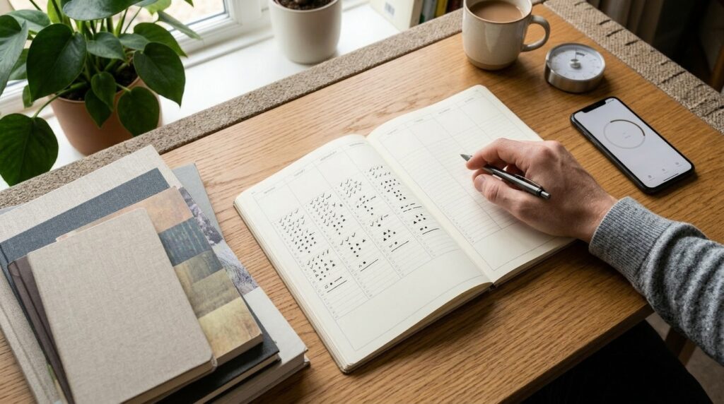 A student reviewing the past week at a tidy desk with textbooks, an open weekly planner, and a small study timer as part of a 15-minute focus routine.