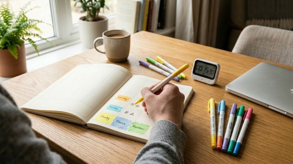 A person filling a weekly planner with 15 to 30 minute study time blocks at a simple desk setup with a study timer nearby.