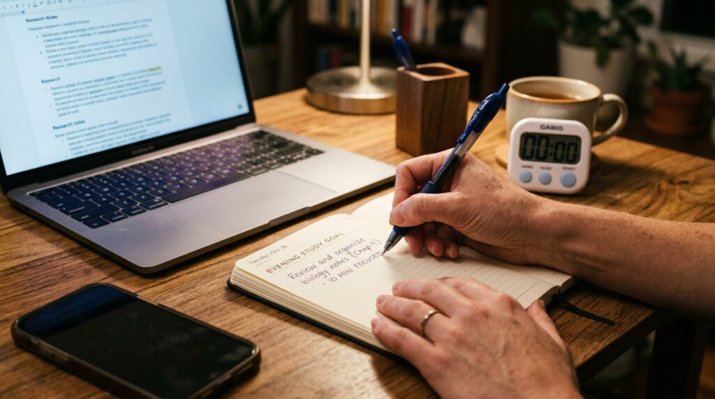 person writing a one line study goal in a planner next to a laptop and a small study timer for a 15-minute focus routine