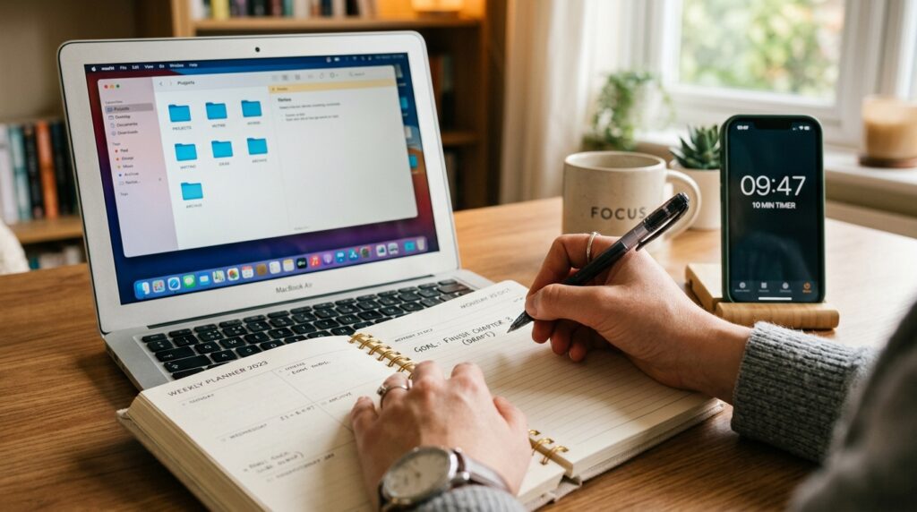 person writing a one line study goal in a planner next to a laptop and a 10 minute focus timer