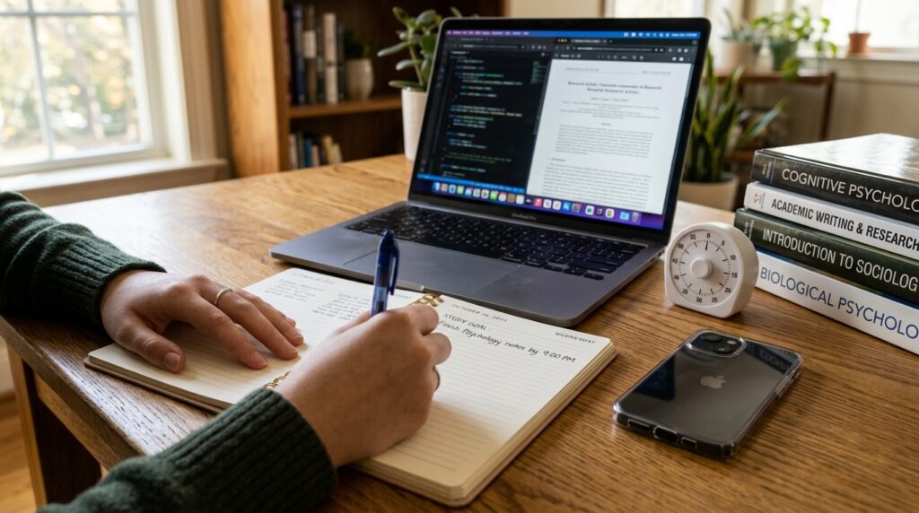 person sitting at a desk in front of a laptop writing a one line study goal in a planner next to a small study timer for a 15-minute focus routine