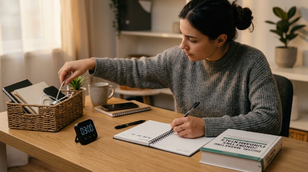 Office worker clearing a desk and writing a one-line goal before a 15-minute focus routine