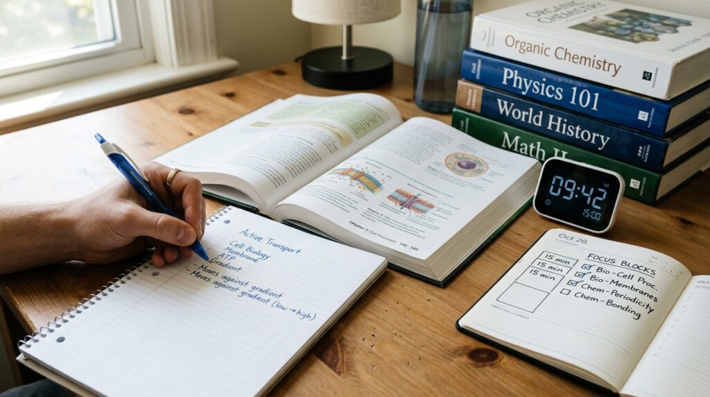 Active 15-minute study session with notebook textbook and timer showing focused work time for subject-based learning