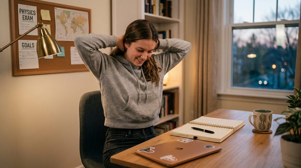 A person interlacing their hands behind the head at a tidy desk setup to release shoulder tension before deep work.