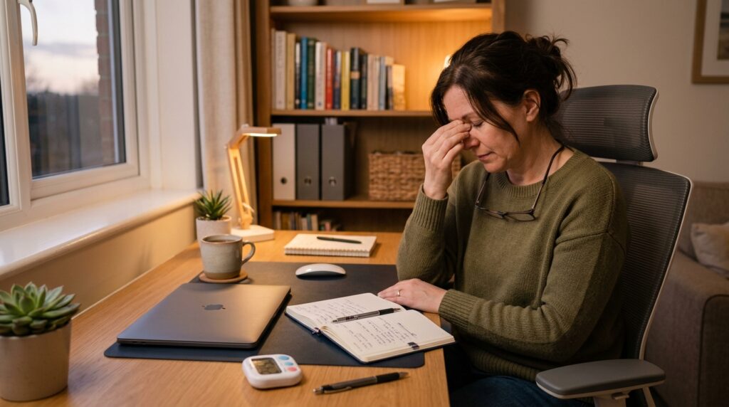 A person sitting at a tidy desk setup gently pressing the eye and temple area beside an open planner and study timer after a study block.