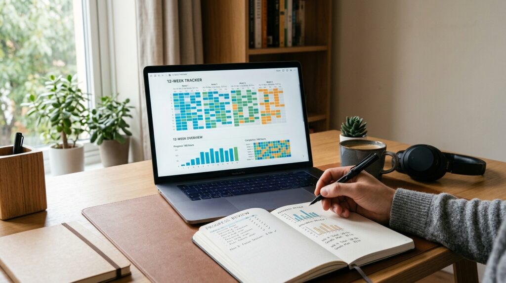 A digital study room desk with a Notion-style dashboard tracking weeks of completed 15-minute focus sessions.