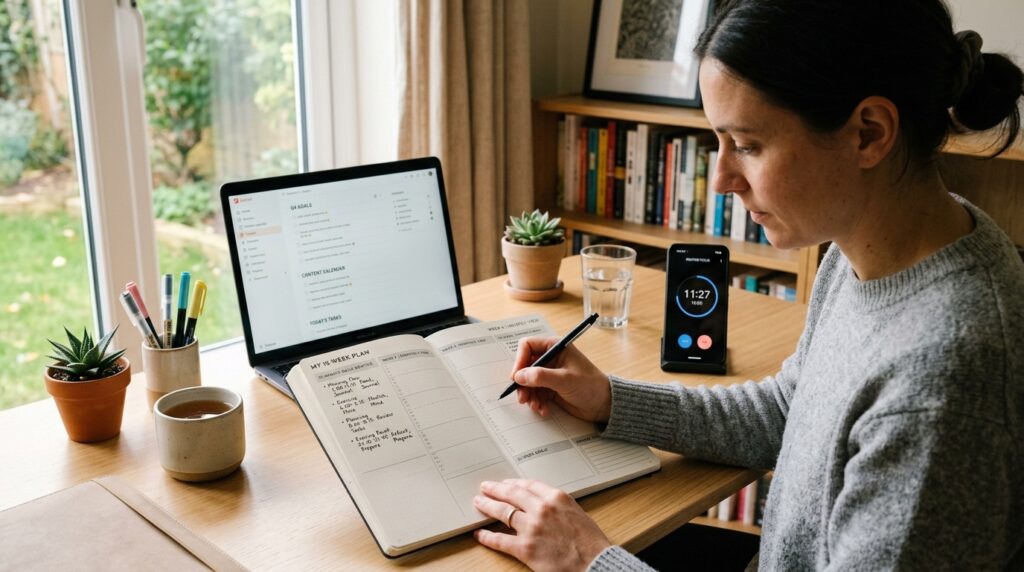 A person writing a 15-minute focus routine into a planner beside a laptop and study timer on a tidy desk.