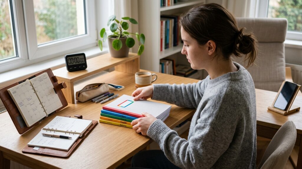 Person organizing study materials by subject and clearing desk space to start a focused 15-minute study session