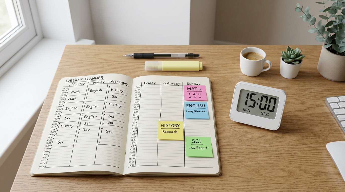 Study planner showing 15-minute time blocks organized by subject with timer and colorful subject labels on desk